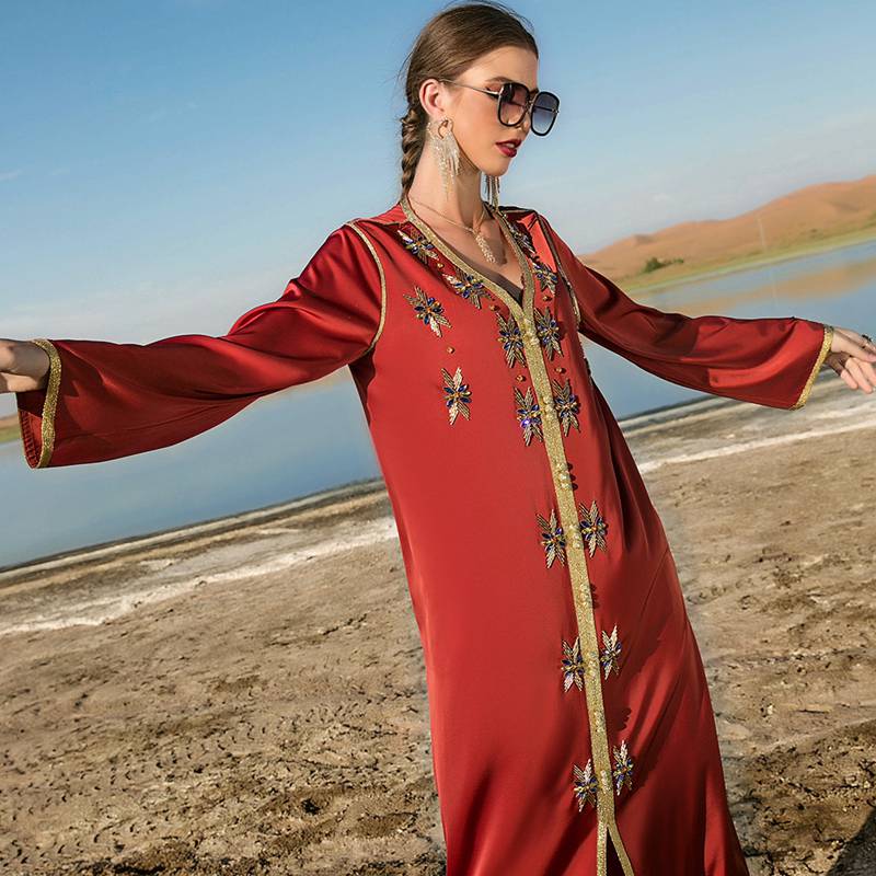 Eid Dress Arab Dubai Hand-stitched Rhinestone Kaftan Dress For Women