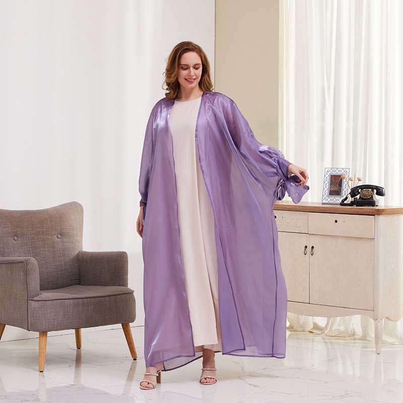 Muslim Women Bubble Sleeve Satin Long Abaya Cardigan Open Dress