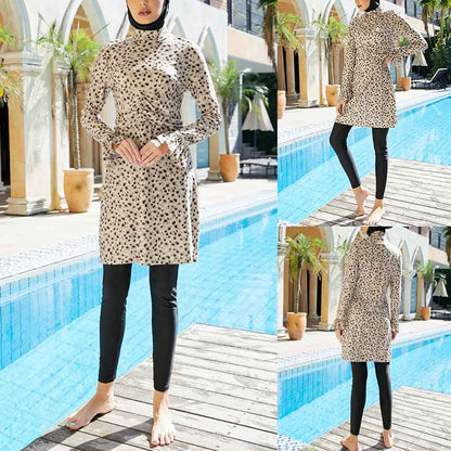 طقم ملابس سباحة نسائية إسلامية من 3 قطع مطبوع عليه زهور، بوركيني، ملابس سباحة إسلامية